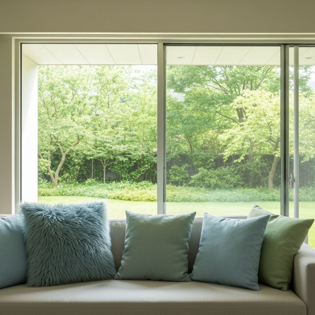 Clean living room with green garden view through large windows